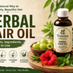 Mummas Natural herbal hair oil bottle surrounded by Amla, Hibiscus, Rosemary, herbs, and traditional Ayurvedic ingredients, with text highlighting the benefits, ingredients, and usage of herbal hair oil.