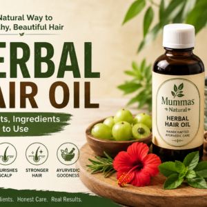 Home Mummas Natural herbal hair oil bottle surrounded by Amla, Hibiscus, Rosemary, herbs, and traditional Ayurvedic ingredients, with text highlighting the benefits, ingredients, and usage of herbal hair oil.